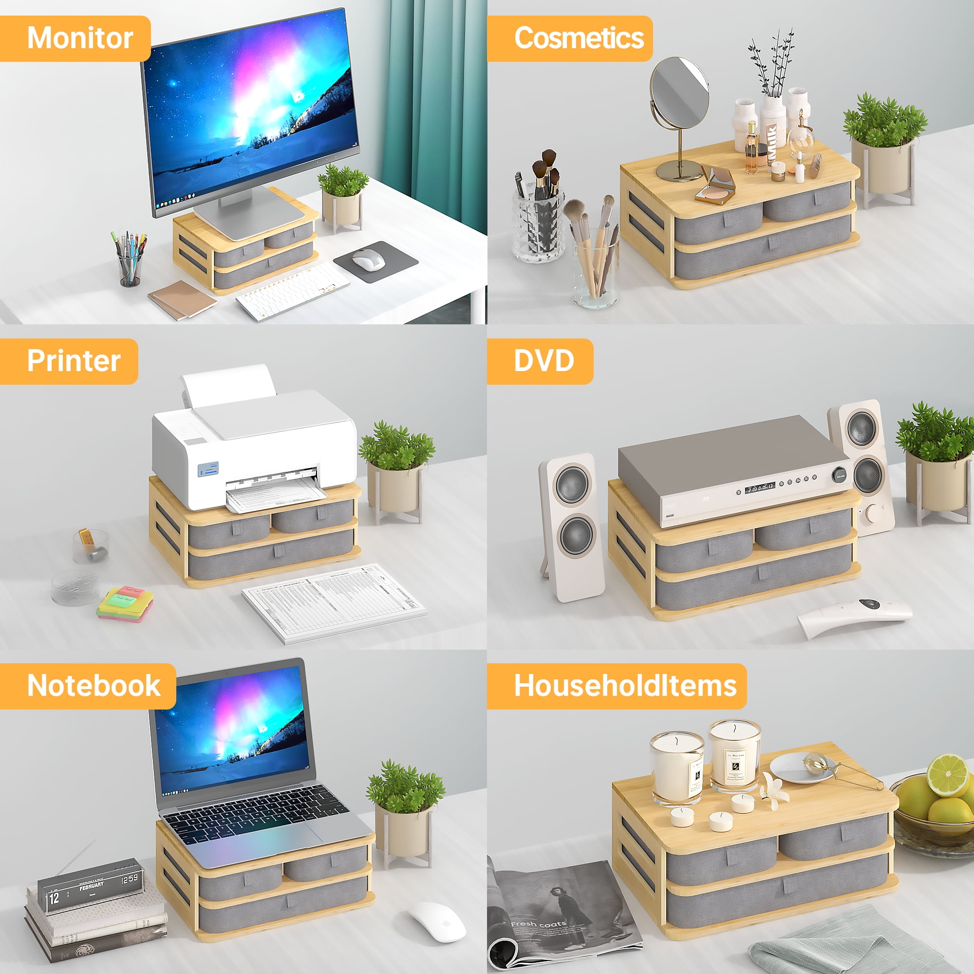 Bemico Bamboo Monitor Stand Riser with Storage Drawers, Desk Organizer with  Storage for PC, TV, Printer, Office Supplies & Accessories | Einkaufskörbe
