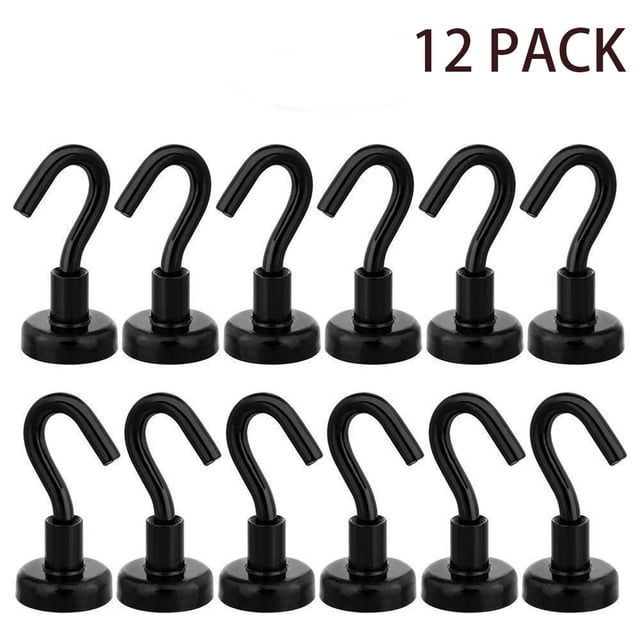 Ganchos magnéticos fuertes, resistentes, 12 libras, para cabinas de crucero, cocina, refrigerador, parrilla, herramientas, llaves, imanes de neodimio de metal, colgador negro, paquete de 12