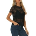 thumbnail image 4 of INSPIRAR CHIC Blusa de Encaje Floral con Corte Escallopado de Manga Corta Semi Transparente L Negra, 4 of 6