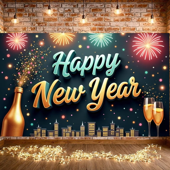 Festive Theme Happy New Year Banner Colorful Fireworks New Year Display Gold Champagne Confetti Design Festive Backdrop for New Year Party Holiday Celebration Eve Gathering