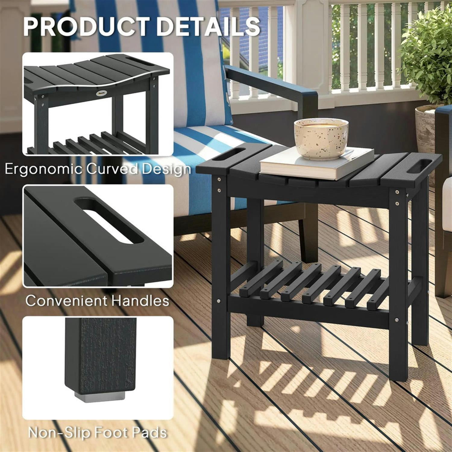 Demi Bonn 20" HDPE Shower Bench, Waterproof Stool with Handle, Storage Shelf, Non-Slip Pads, Indoor/Outdoor for Bathroom, Black