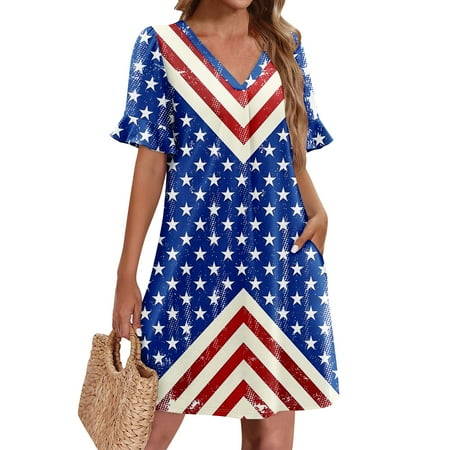 DBAIXID 4th of July Womens Dress Ruffle Short Sleeve 1776 Patriotic USA American Flag V Neck Summer Dresses Red White and Blue Plus Size Free Souls Loose A-Line Dress with Pockets Sky Blue L