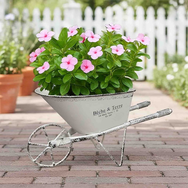 Chariot à Main à Roue en Fer Rustique Jardinière Décor Extérieur avec Fini Vintage Pot de Fleurs en Métal Résistant aux Intempéries pour Balcon Terrasse Patio Cour Pièce d'Accent de Paysage avec Montage Facile