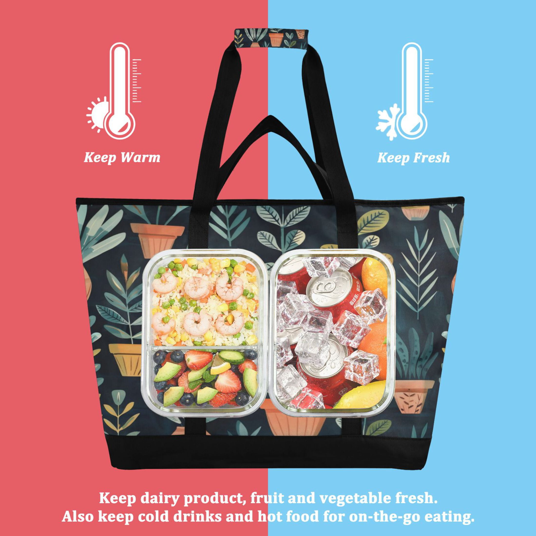 Large Hand-held Ice Pack Picnic Bag Insulation and Refrigeration Suitable for Shopping Picnics and Camping Dark Green Plants