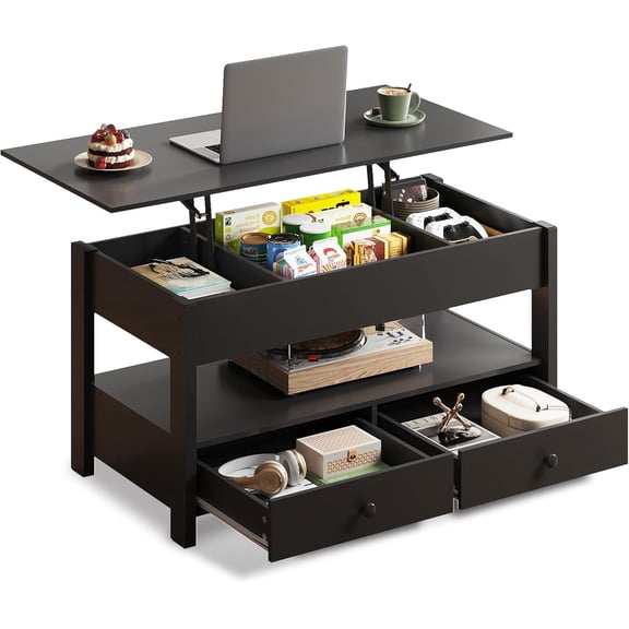 ZJTER Coffee Table, Lift Top Coffee Table with 2 Drawers, Large Storage and Open Shelf, Lift Tabletop for Living Room, Black