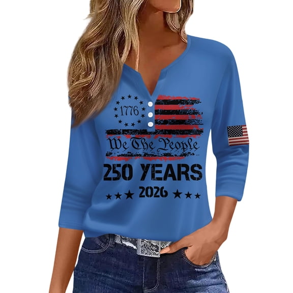 American Flag 250th Anniversary T Shirt Women 3/4 Sleeve V Neck Button 1776-2026 USA Tops