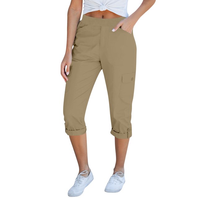 Cinvoph Womens Cargo Pants Summer Casual Outdoor Work Capris Pants Relaxed Fit Elastic High Waist Pants with Pockets