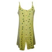 Mogul Womens Yellow Sleeveless Dress Floral Embroidered Button Front Shift Dresses