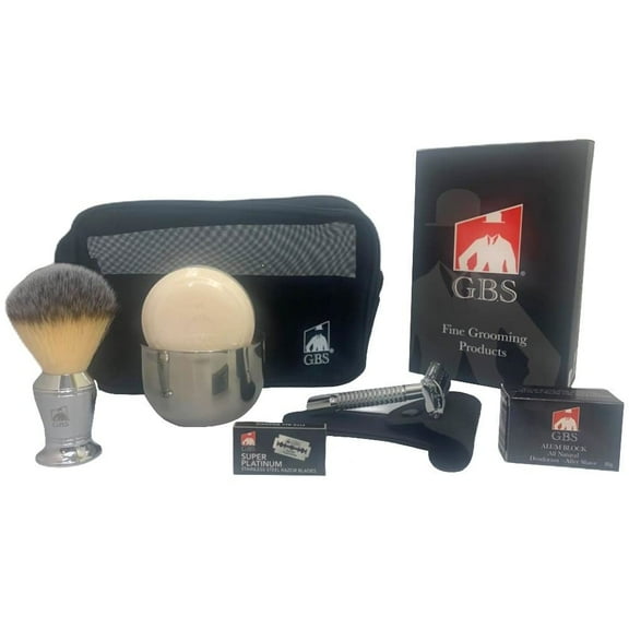 GBS Deluxe Travel Dopp Kit - Butterfly Double Edge Safety Razor, Chrome Shaving Brush, Bowl, Soap comes with GBS Alum Block   Leather Toiletry Bag