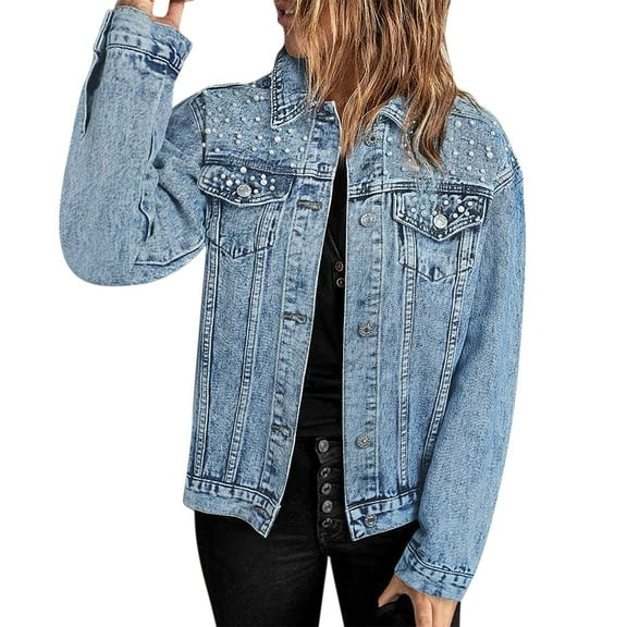 Tiqkatyck Denim Jacket for Women Clearance Women's Pearls Beading Embroidery Denim Jackets Casual Embroidered Jean Coat Outerwear Denim Buttons Coat Going Out Tops for Women 2023 Trendy Blue L