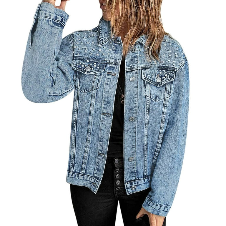 JDEFEG Plus Size Fitted Jacket Women s Pearls Beading Embroidery Denim Jackets Casual Embroidered Jean Coat Outerwear Denim Buttons Coat Jean Jackets