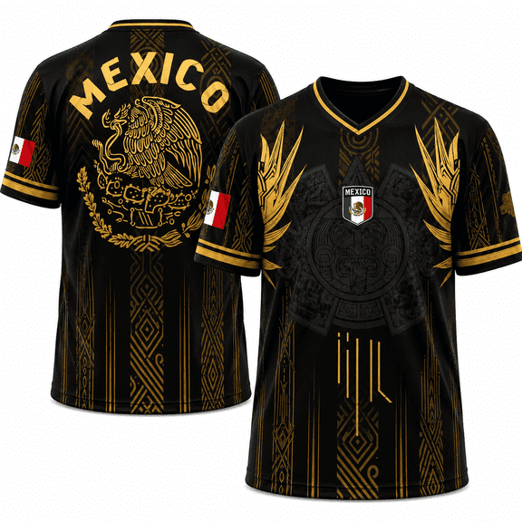 Mexico Soccer Jersey Men - Aztec Mayan Calendar Mexican Flag Football Shirt, Black T-Shirt for Fans Sports