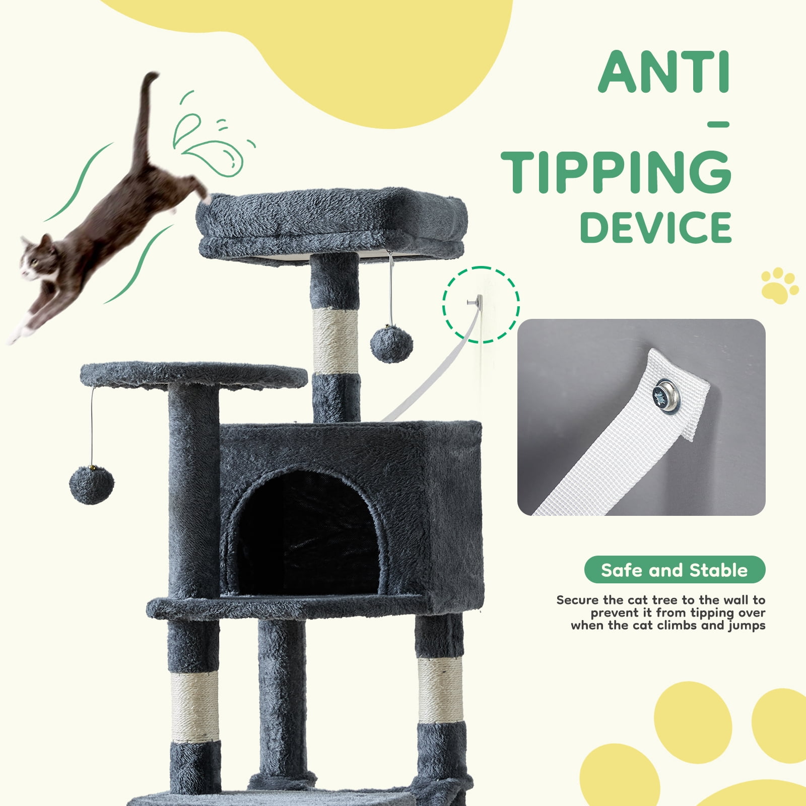 CONCETTA 44in Multi Level Cat Tree Tower,Cat Scratching Posts with Large Top Perch and Hammock,Gray