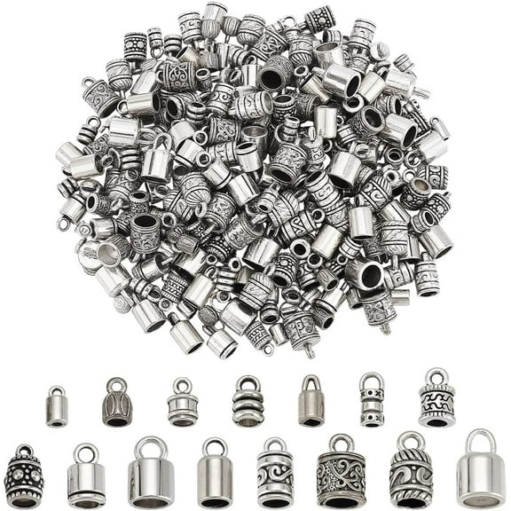 90PCS Cord End Caps 15 Styles Silver Leather Tassel Cap Alloy Tube Barrel End Tip Cord Link Buckle Glue-in End Cap for DIY Kumihimo Bracelets Necklaces Jewelry Making