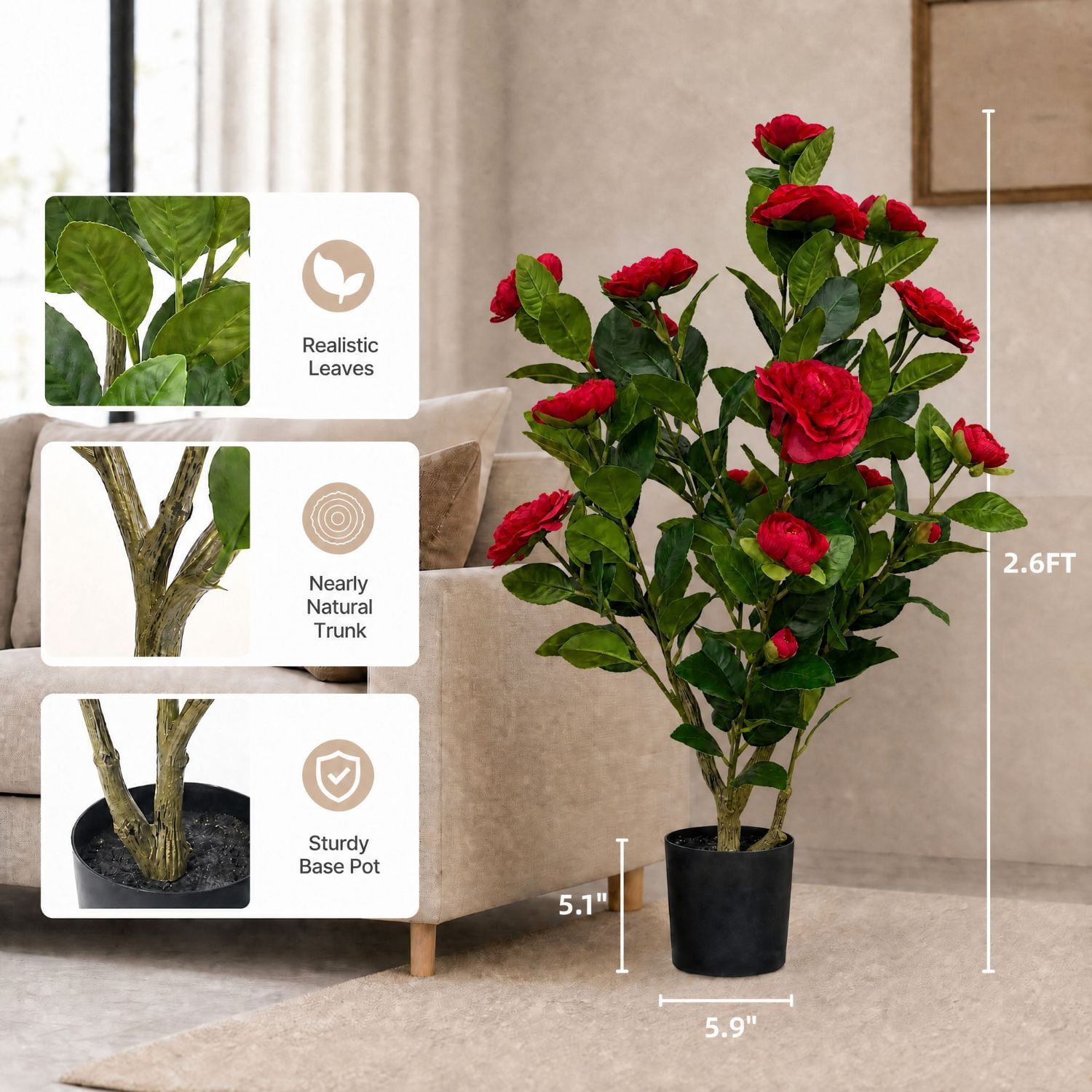 Easy4Home 2.6FT Artificial Flower Plant Fake Camellia Tree Potted Indoor, Red