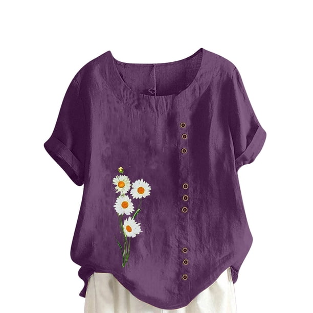 Camiseta suelta informal de verano con cuello redondo y manga corta con estampado de flores para mujer OAVQHLG3B Store lin121212