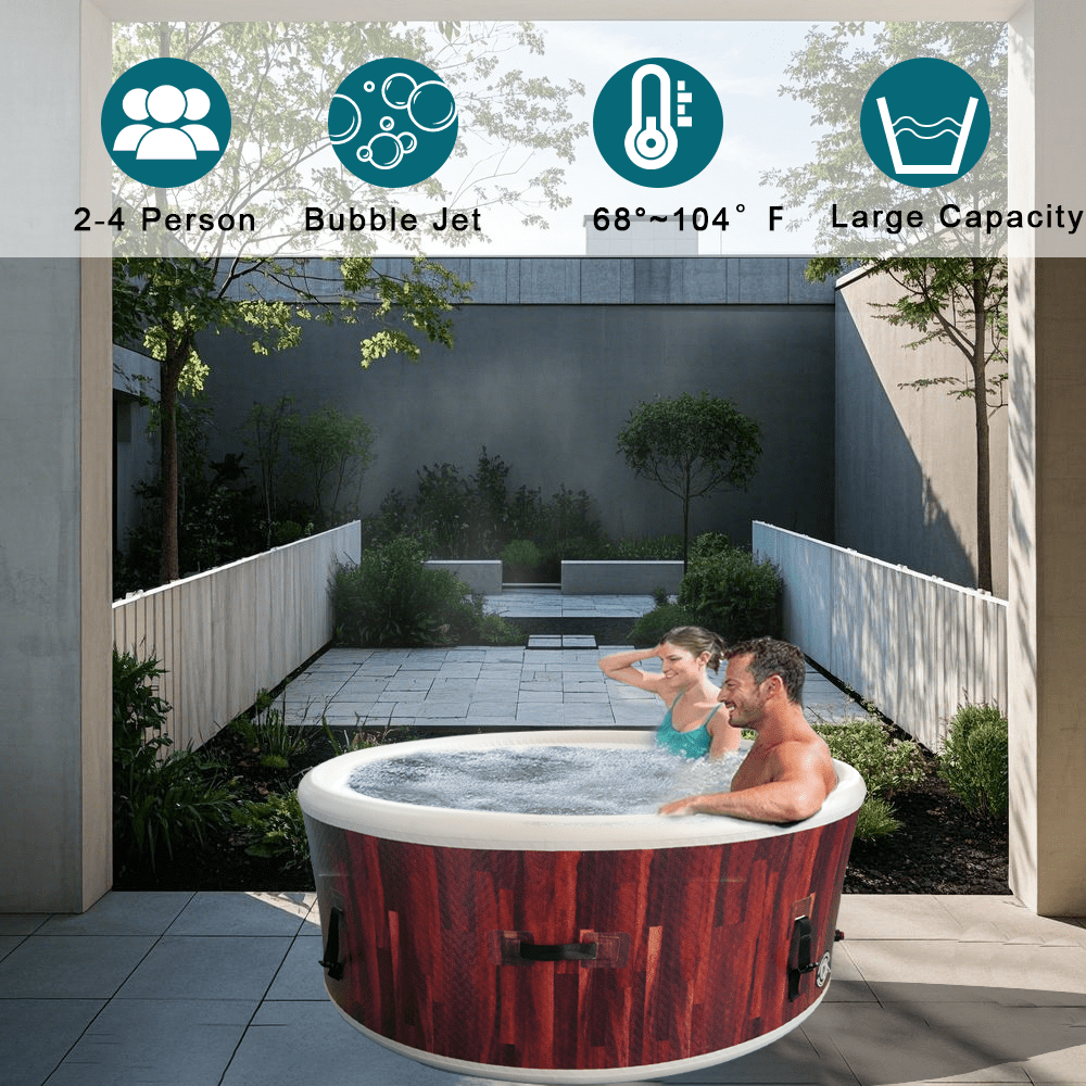 Inflatable Hot Tub Spa, Portable Outdoor Jacuzzi with Bubble Massage, 2-4 Person Capacity, Wood Grain Design for Backyard, Patio & Romantic Relaxation
