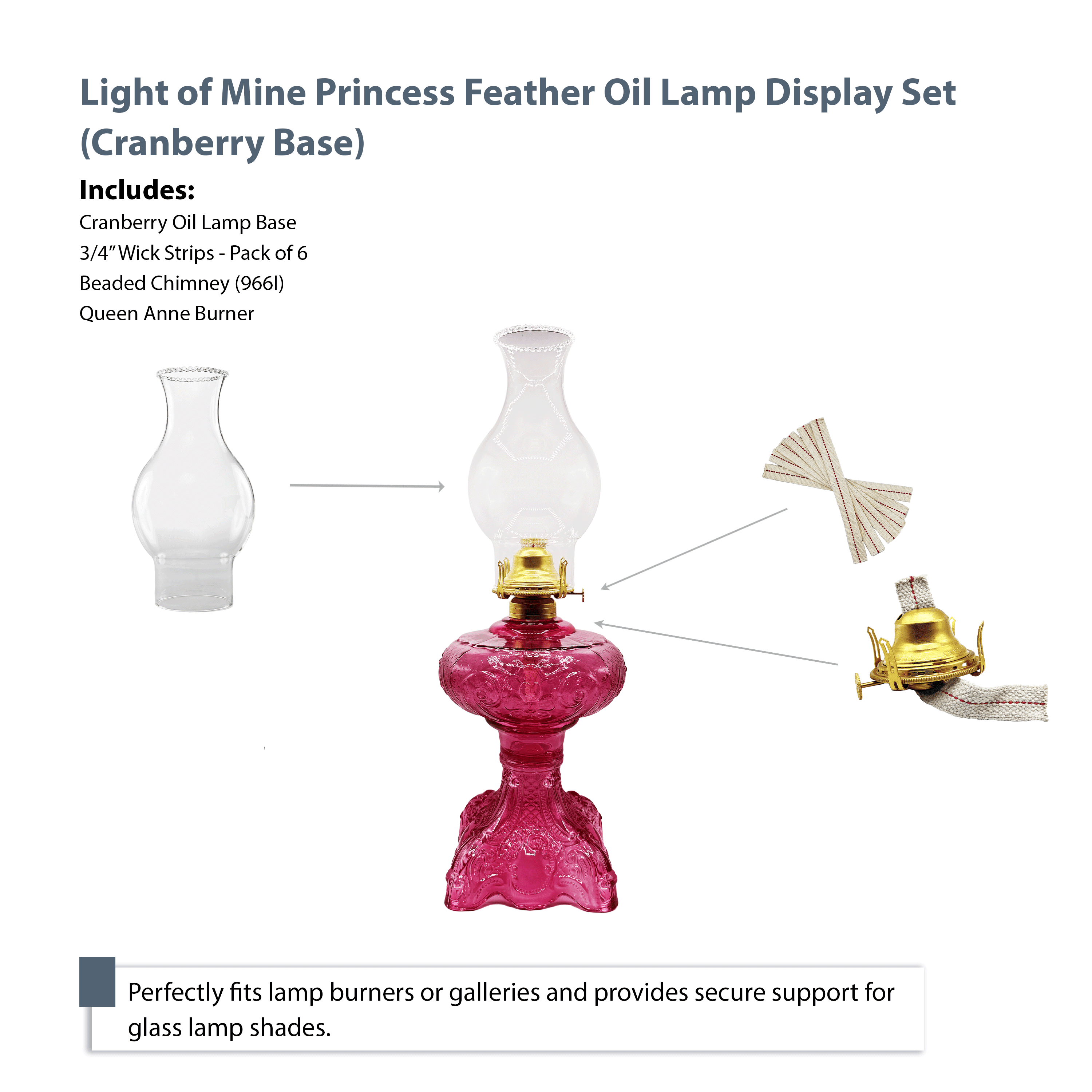 Light Of Mine Princess Feather Oil Lamp Ornate Decorative Antique Pedestal Style Glass Oil Hurricane Lamp Clear with 3/4" Wick roll Cranberry