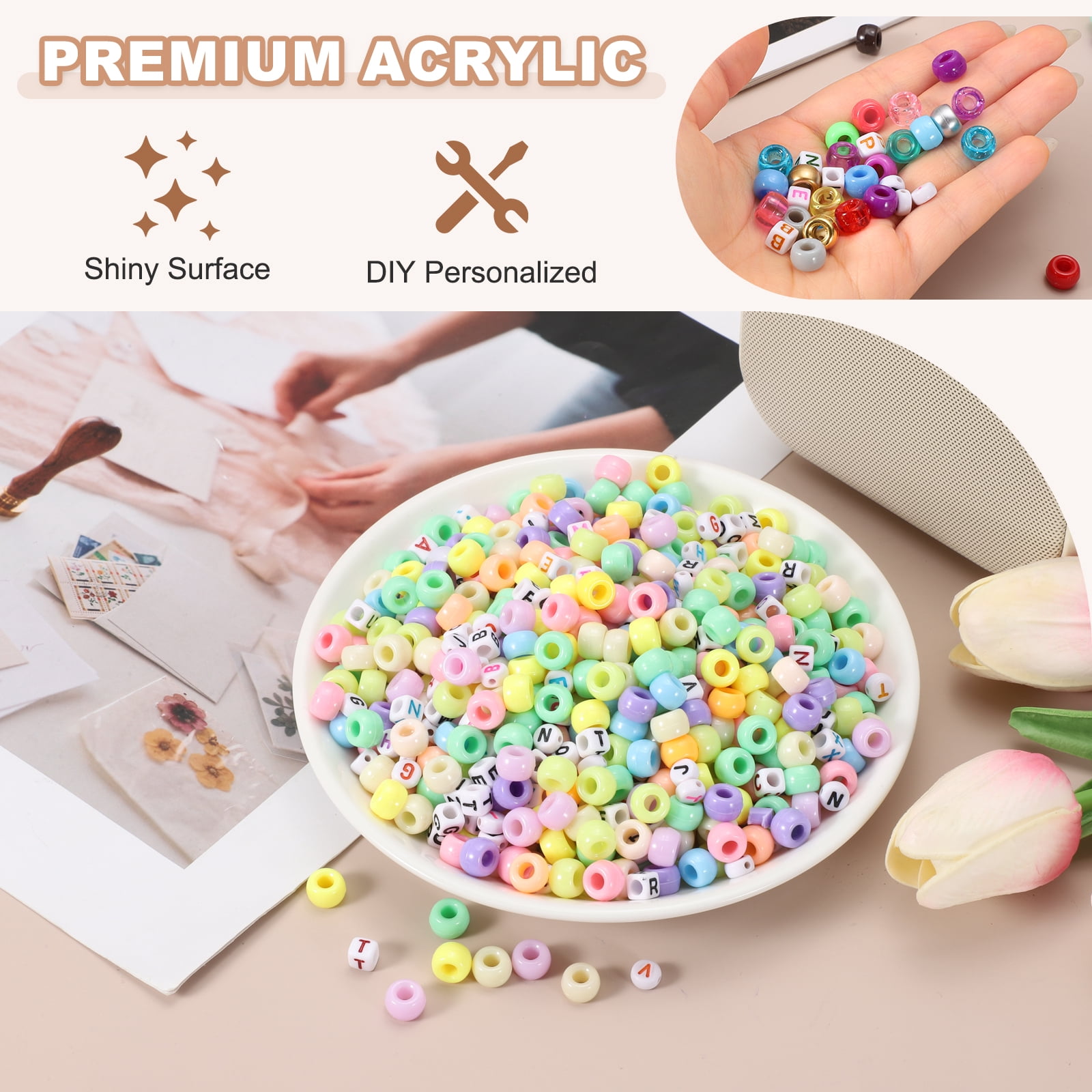Uxcell 1000 Pcs Pony Beads 6 x 9 mm Acrylic Friendship Bracelet Making Kit with Letter Bead, Light Multicolor
