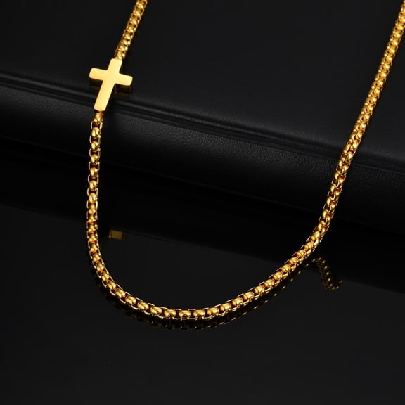 Trendy Sideway Cross Faith Necklaces for Men, Fashionable Charm Neckchain 14K White Gold Box Chain Collar, Jewelry Gifts
