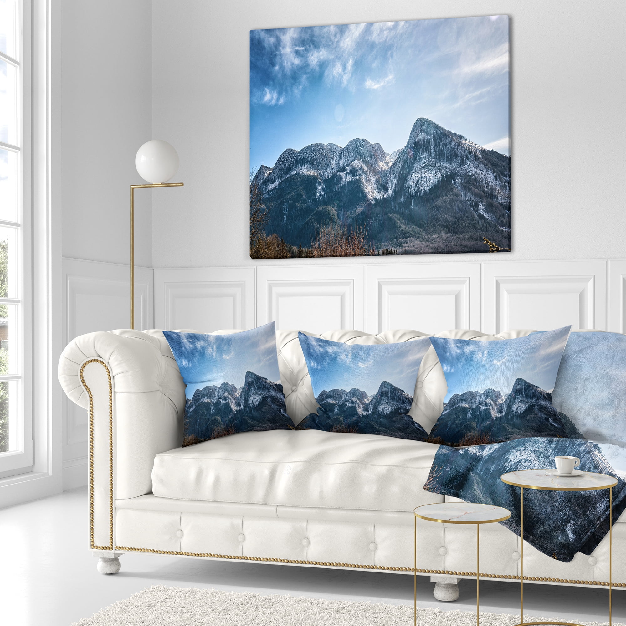 Designart Winter Mountains with Sun Flare - Landscape Printed Throw Pillow - 18x18