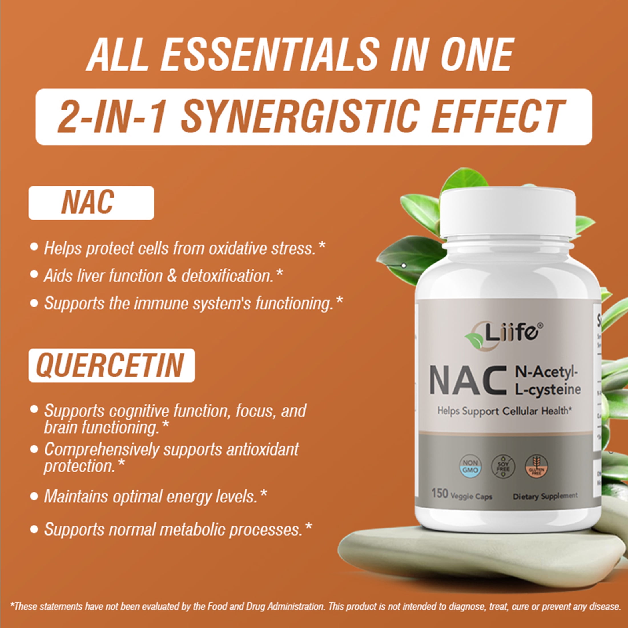 Liife NAC Capsules,with N-Acetyl-L-Cysteine and Quercetin Support Cellular, Liver and Respiratory Health, 150 Capsules, 2.5 Months Supply, Adult, Affordable Packaging