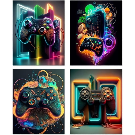 Gaming Controller Wall Art Game Wall Decor, Retro Video Game Art Posters Cool Game Handle Canvas Prints for Gamers Girls' Accessories and Boys' Gaming Bedroom Decor, 4-Set (8"x10" Unframed)