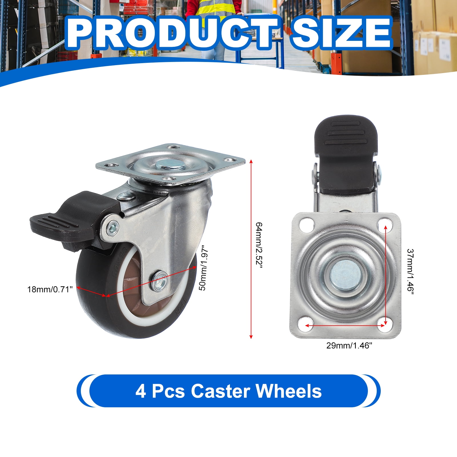 Uxcell 2 Inch Caster Wheels, 4 Pcs Heavy Duty TPR Locking Swivel Caster with Brake 77 Lbs for Furniture Cart Workbench, Brown