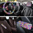 thumbnail image 4 of Pzuqiu 14 Pcs Set Automobile Interior Sets Covers Front and Rear Seat Cover for Cars Steering Wheel Seat Strap Pads Armrest Cushion Pad Headrest Coasters Keychain Hippie Daisy Swirl, 4 of 7
