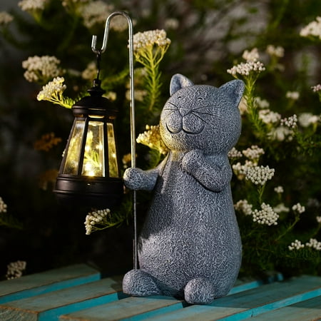 Goodeco Cat Statues with Solar Lantern- Home Lawn Garden Decor, Cat Garden Accessories for Patio,Balcony,Yard, Gifts For Women/Men/ Mom Birthday Fairy Garden Grey,19.5cm
