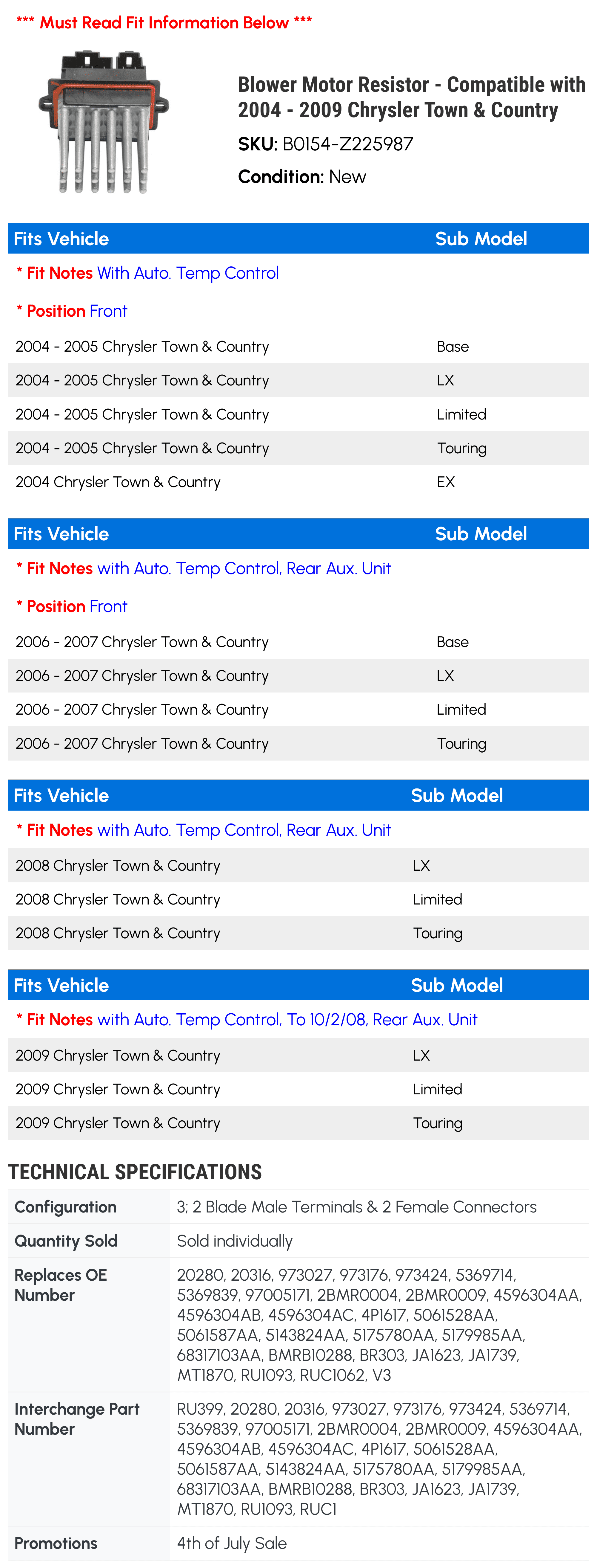 Blower Motor Resistor - Compatible with 2004 - 2009 Chrysler Town & Country 2005 2006 2007 2008