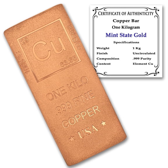 1 Kilo Copper Bar Paperweight - 999 Pure Chemistry Design w/COA by Mint State Gold