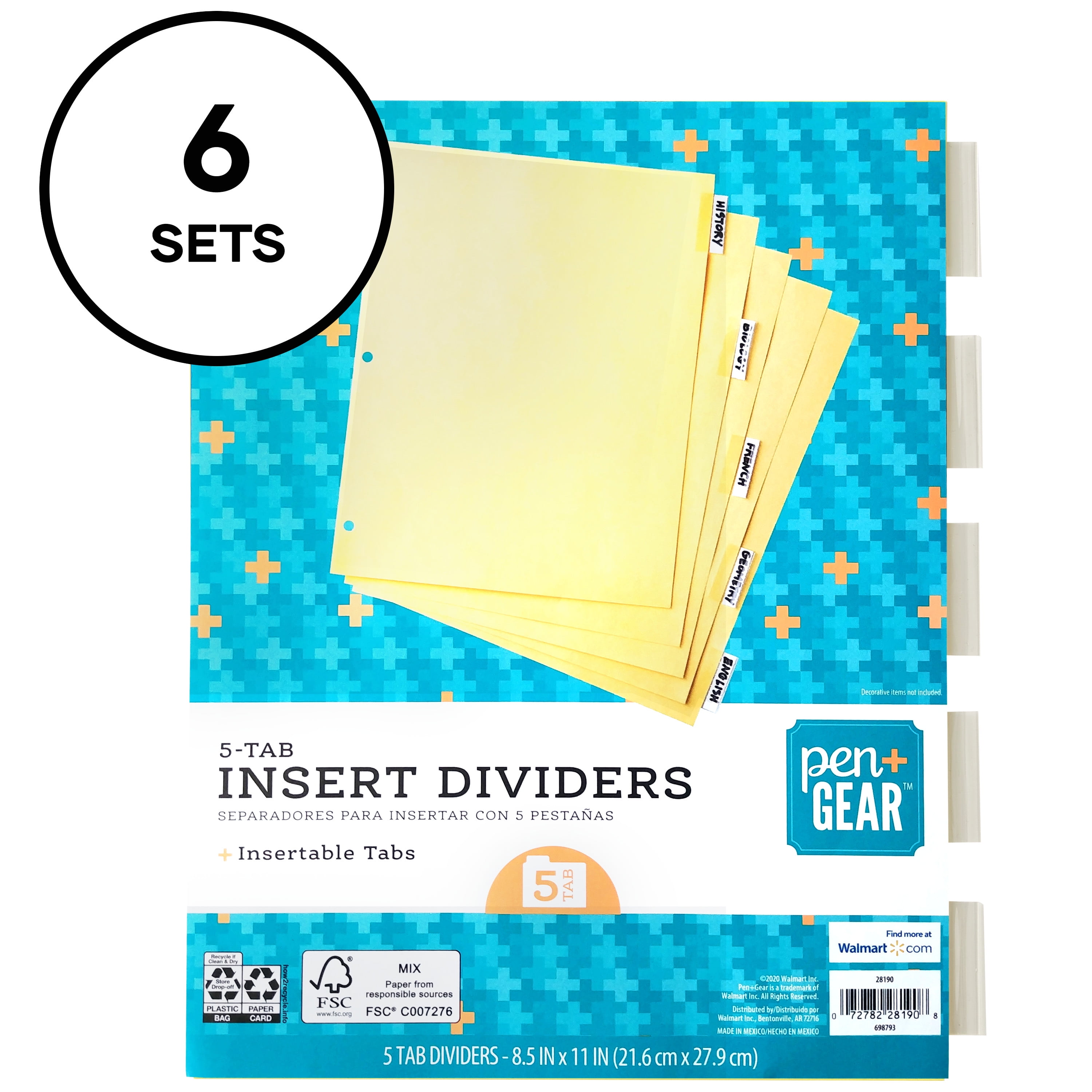 Pen+Gear Insertable Paper Divider, Buff Color, 5-Tab, 6 Pack (22450)