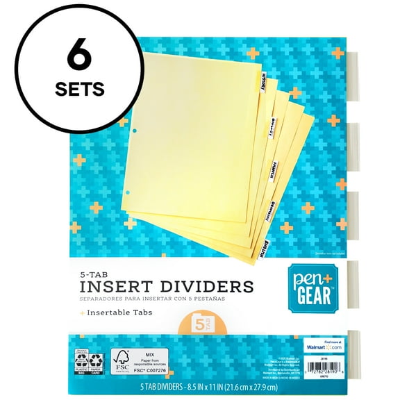 Pen+Gear Insertable Paper Divider, 5-Tab, Clear Tabs, Buff Color Paper, 6 Sets (22450)