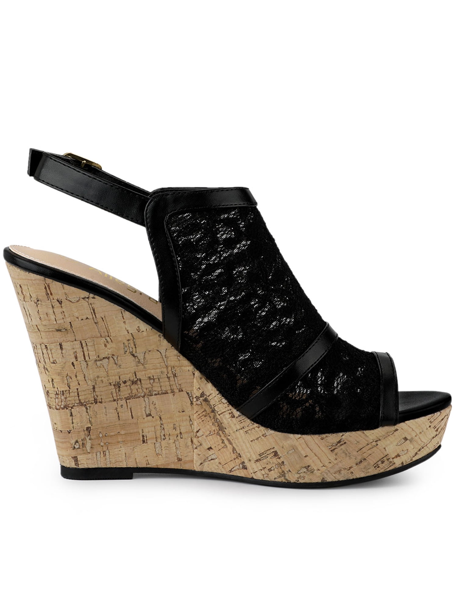 DARING DIVA Women's Open Toe Platform Heel Lace Wedges Sandals Black 5.5