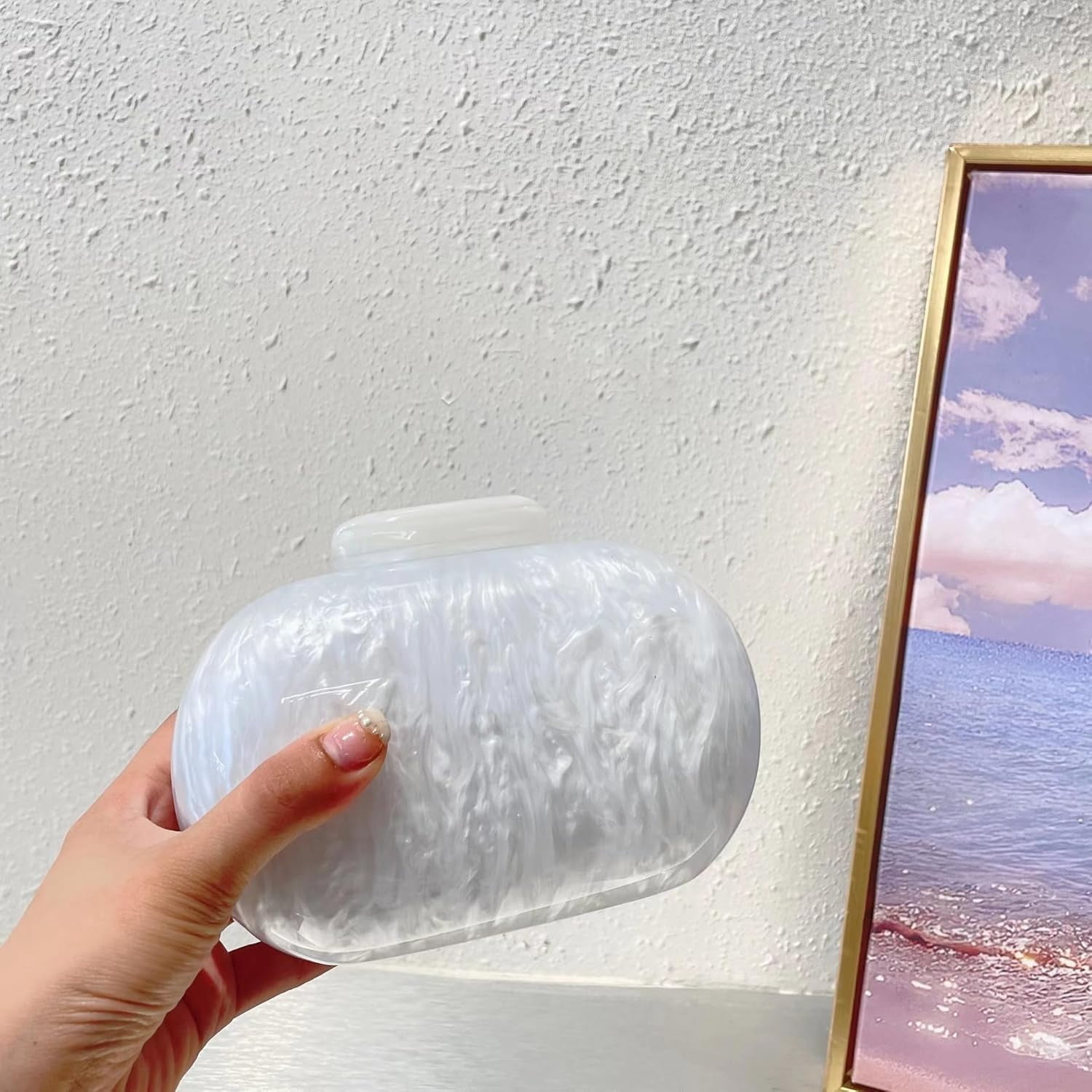 Kwuty Acrylic Evening Clutch Bag for Women Shell Shape Shoulder Crossbody Bag Glitter Marble Purse Handbag
