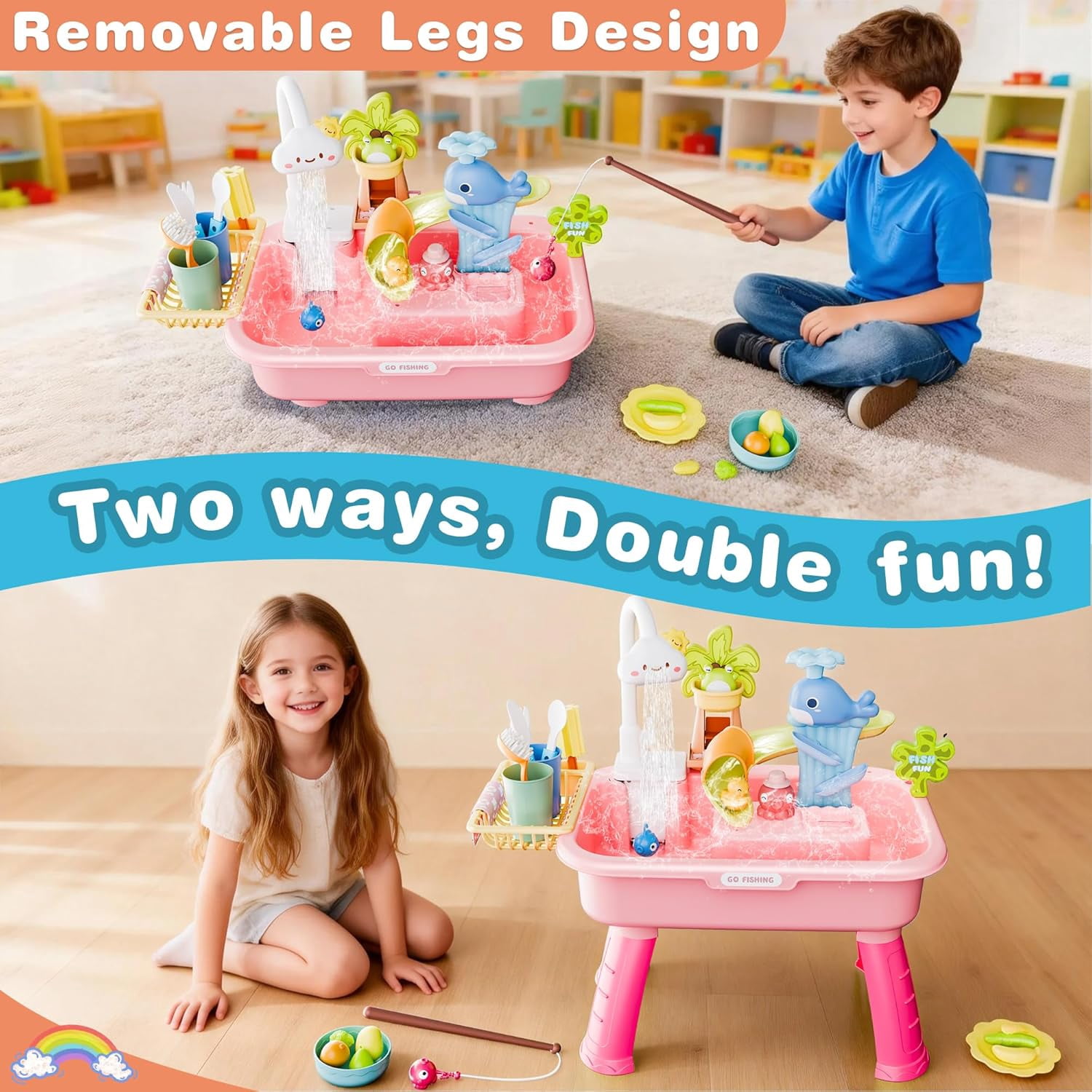 Kids Water Table Play Set with Electric Water Pump, Faucet, Fishing Game and Kitchen Accessories for Ages 3+