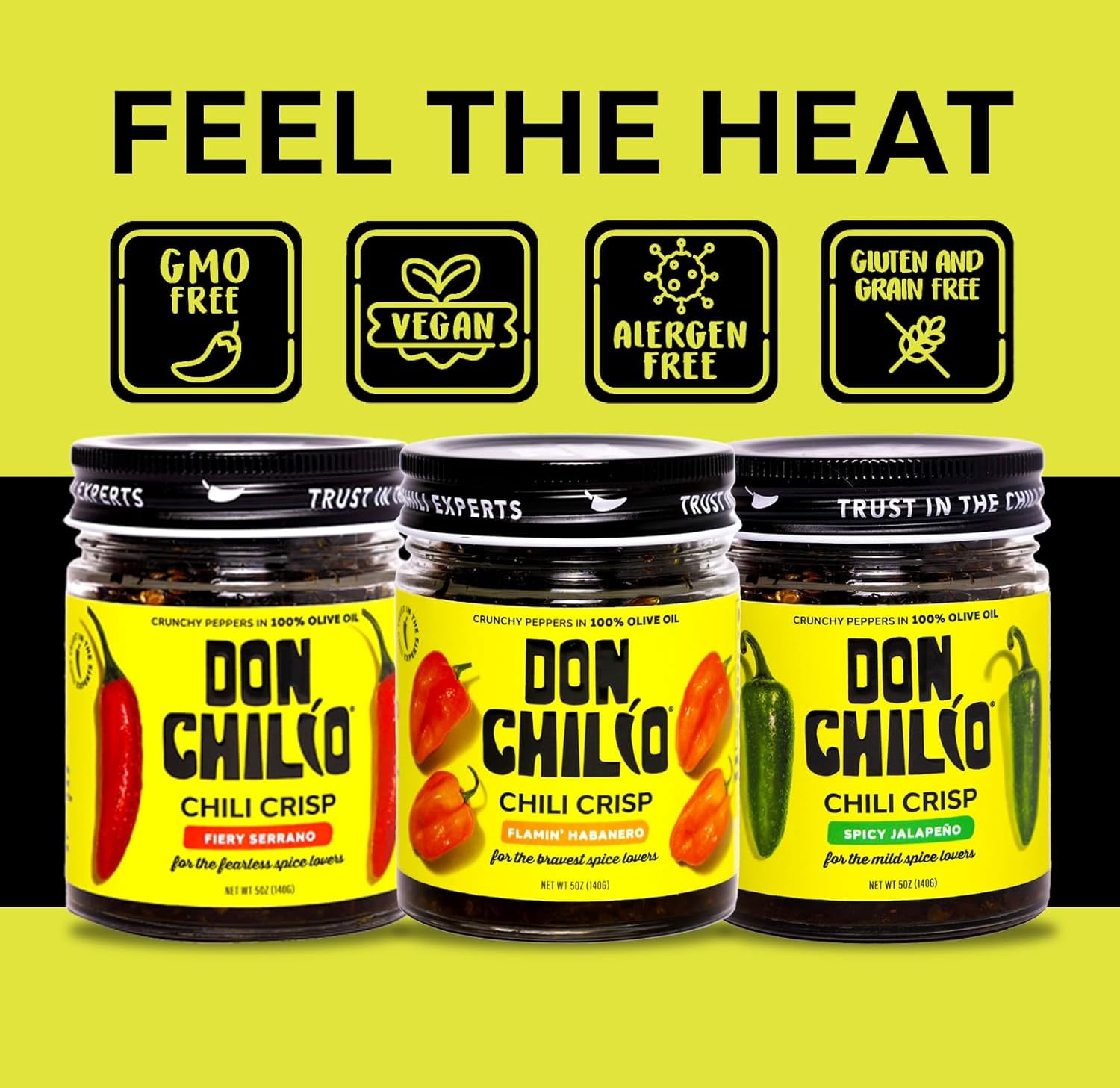 Don Chilio Chile Crisp Bundle of 3 Jars – Crunchy Sliced Jalapenos Fried Peppers in Hot Seasoned Olive Oil – 100% Natural Ingredients Perfect for Keto & Paleo Diets – 5 Oz./Jar