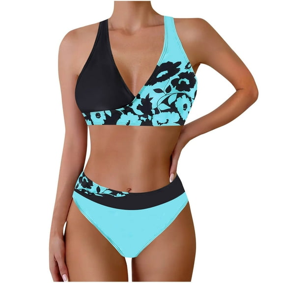 Hvot&aat Women's Color Block Print Bikini Sets Twist Front Two Piece Backless Halter Swimsuit
