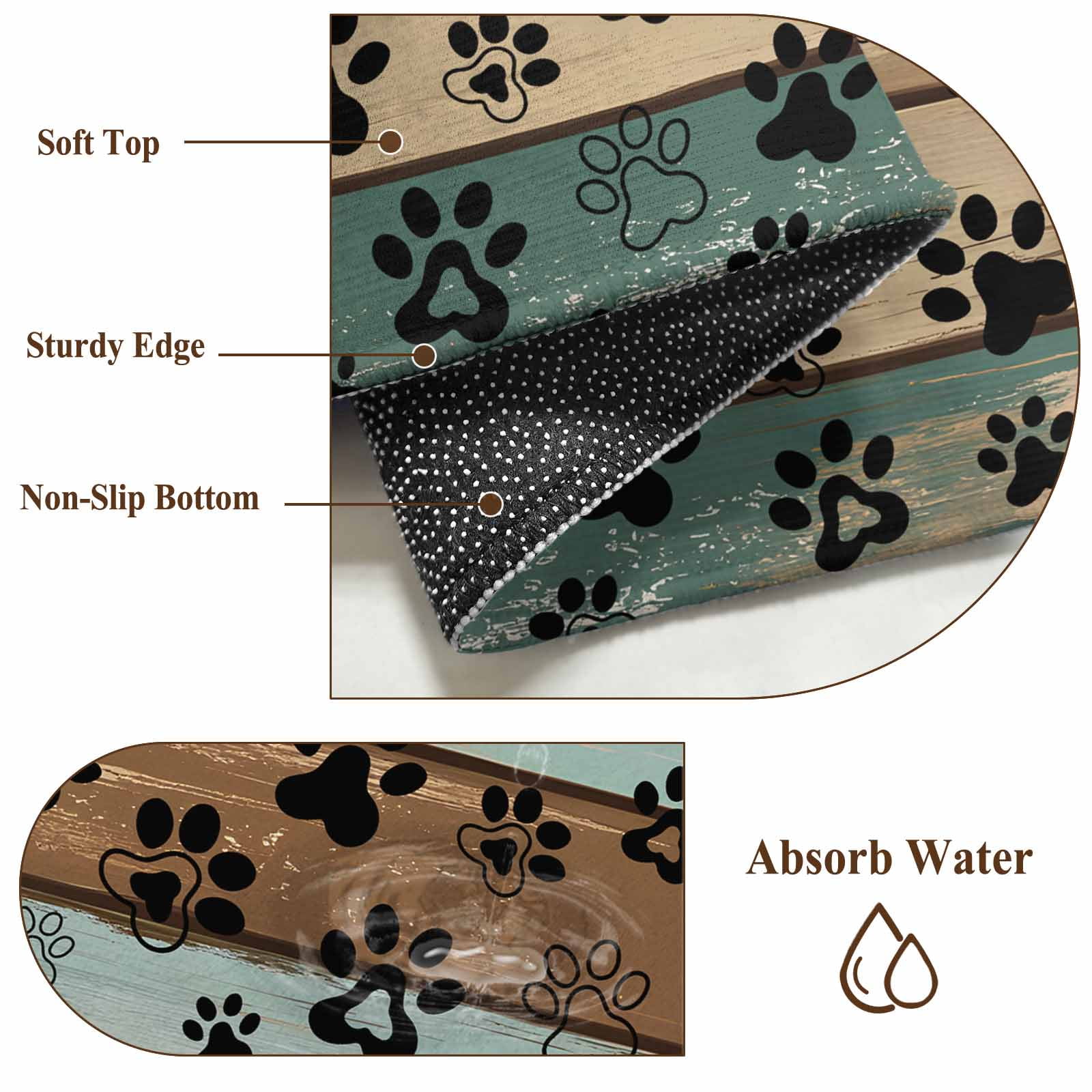 Dog Paws Printed Round Rugs 3ft, Vintage Teal Brown Wooden Farmhouse Non Slip Washable Rug Runner, Low Pile Indoor Floor Carpet Mat Bathroom Rugs for Living Room, Bedroom, Kids Room