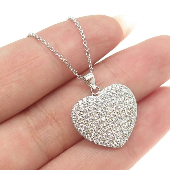 925 Sterling Silver Round-Cut Diamond Heart Cable Chain Necklace 16"