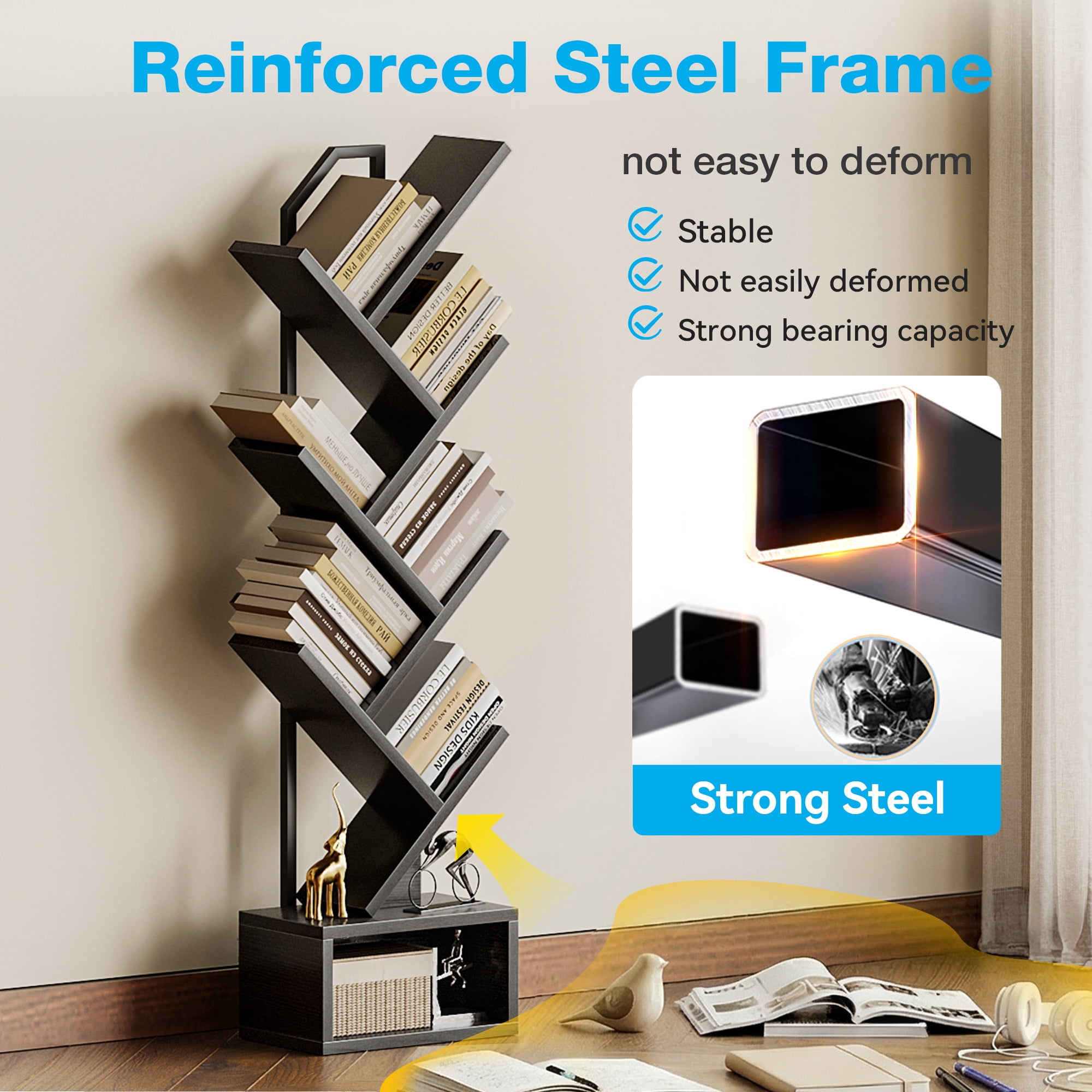 Casacomoda 6-Tier Tree Bookshelf for Corner & Small Space — Narrow Steel & Wood Bookcase, Tall Floor Standing Book Organizer Shelf with Storage Cabinet, Home Decor for Living Room, Bedroom, Black
