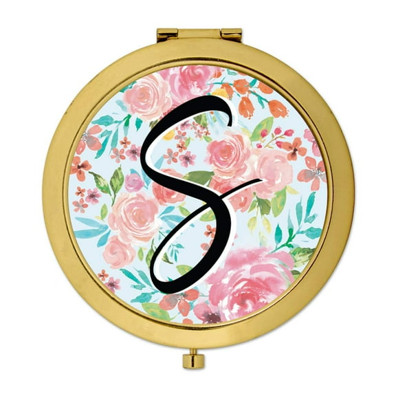 Koyal Wholesale Compact Mirror Bridesmaid's Wedding Gift, Gold, Monogram Letter S, Tea Party Pink Floral Flowers, 1-Pack