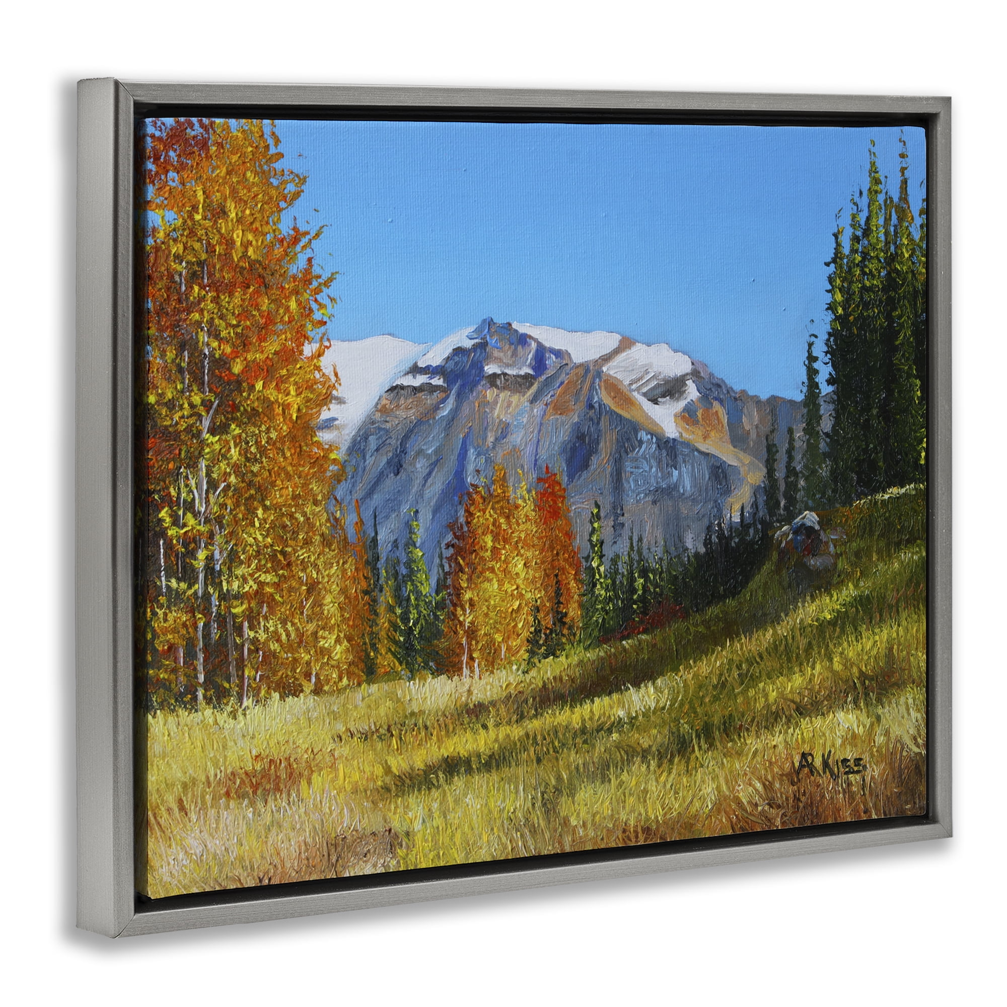 Stupell Industries Autumnal Mountain Valley Landscape & Nature Painting Gray Floater Framed Canvas Art Print Wall Art, 21 x 17