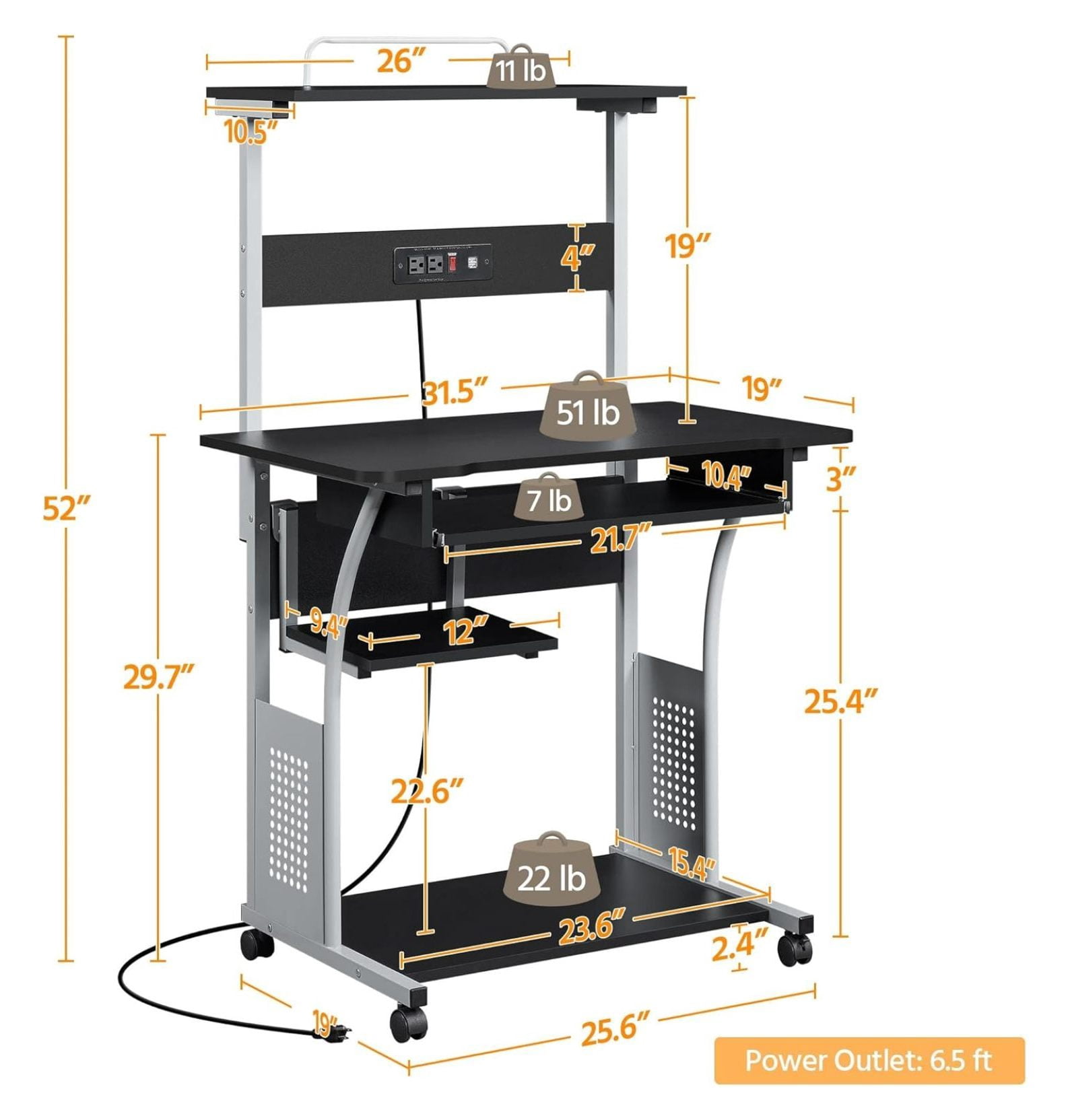 Rolling Computer Desk with Charging Station and 2 USB Ports for Small Space, Study Writing Desk with Keyboard Tray and Printer Shelf for Home Office, Compact Study Table with Wheels, Black