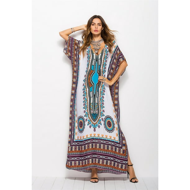 Vestido largo caftán holgado de verano con estampado étnico para mujer, ropa de playa y noche