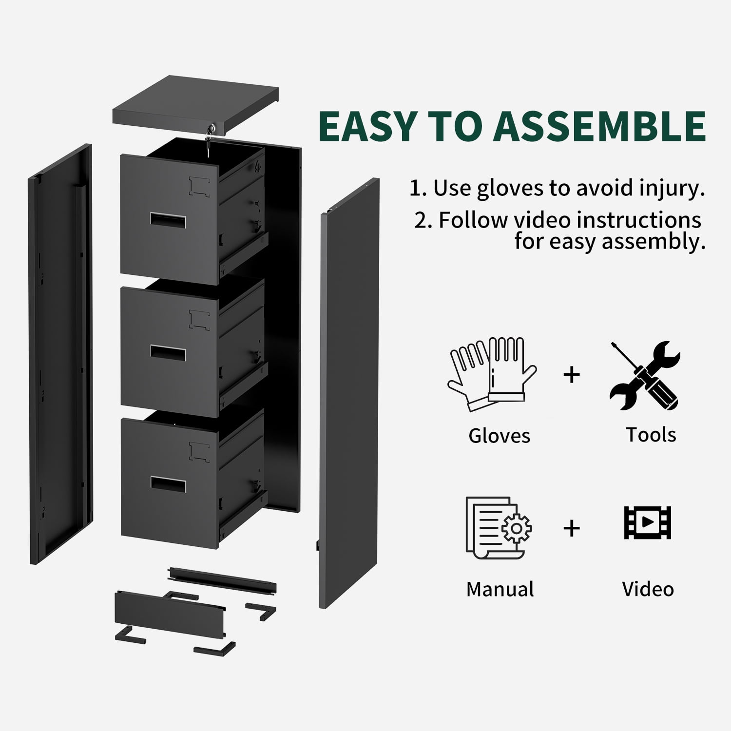 IKIMI 3 Drawer File Cabinet - Metal Vertical Filing Cabinet with Ample Storage, Easy Assembly for Home Office/Study, Storage for Letter/Legal/A4 File, Assembly required-Black