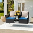thumbnail image 3 of YEXJ Outdoor Patio Loveseat Modern Rattan 2-Seat Patio Conversation Set with Cushions & Built-in Coffee Table Porch Furniture for Garden Lawn Backyard-Blue, 3 of 7