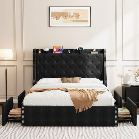 Full Size Bed Frame with 4 Storage Drawers & Charging Station, Upholstered Button Tufted Platform Bed with Storage Wingback Headboard, No Box Spring Needed, Easy Assembly, Black