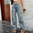 thumbnail image 4 of SELONE Jean Cargo Pants for Women High Waist with Pockets Denim Fashion Clothes Ankle Length Baggy Casual Pants Blue M, 4 of 8